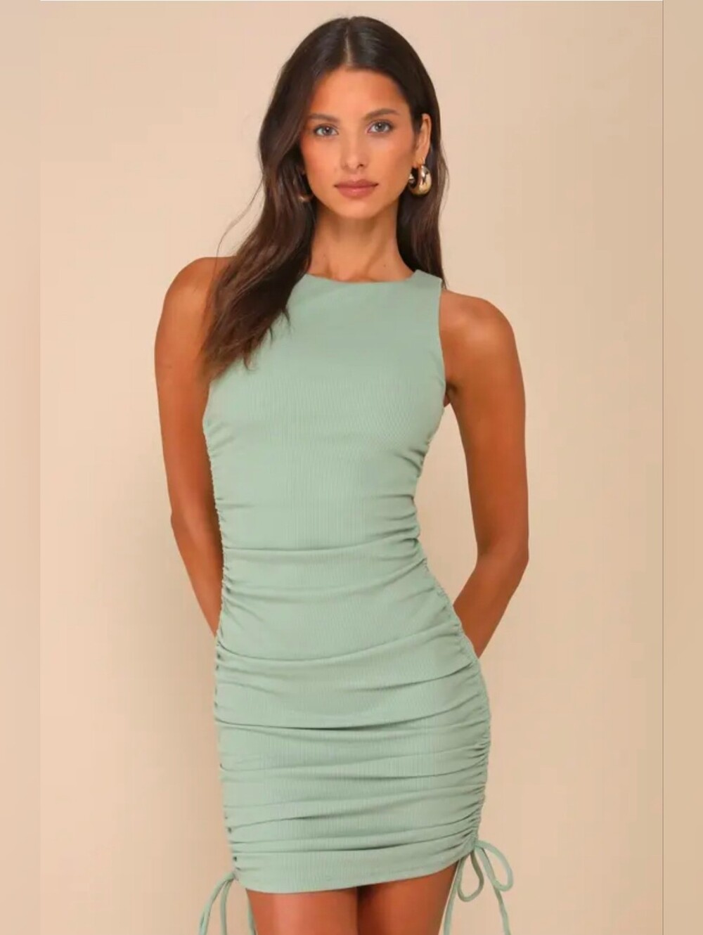 Lulu's Sage Green Sleeveless Ruched Bodycon Mini Dress Size S